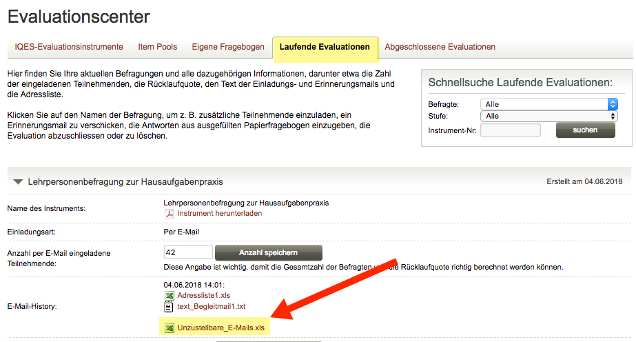Screenshot Laufende Evaluationen Unzustellbare E-mails (Bounces)