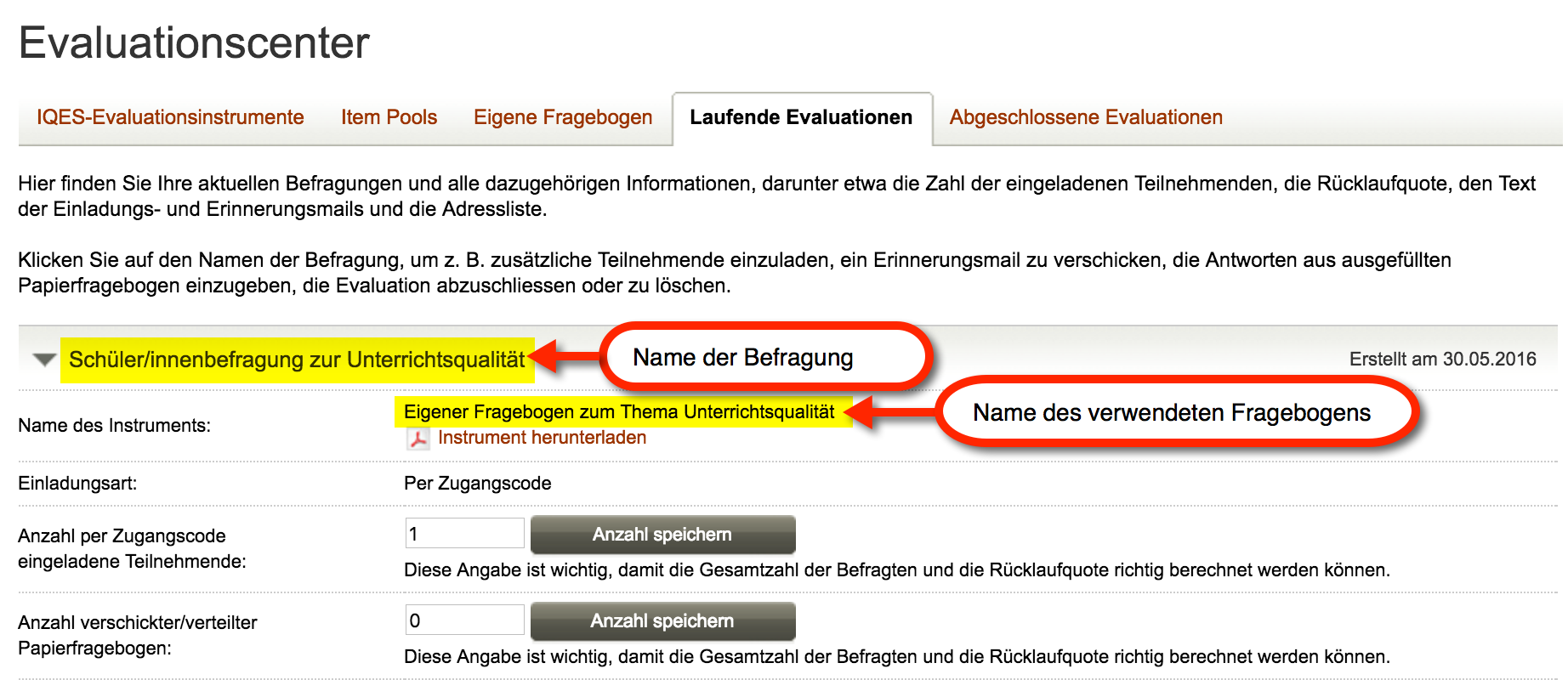 Screenshot Name des Instrumentes