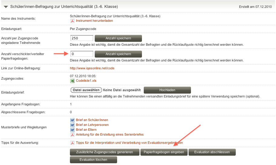 Screenshot Papierfragebogen erfassen