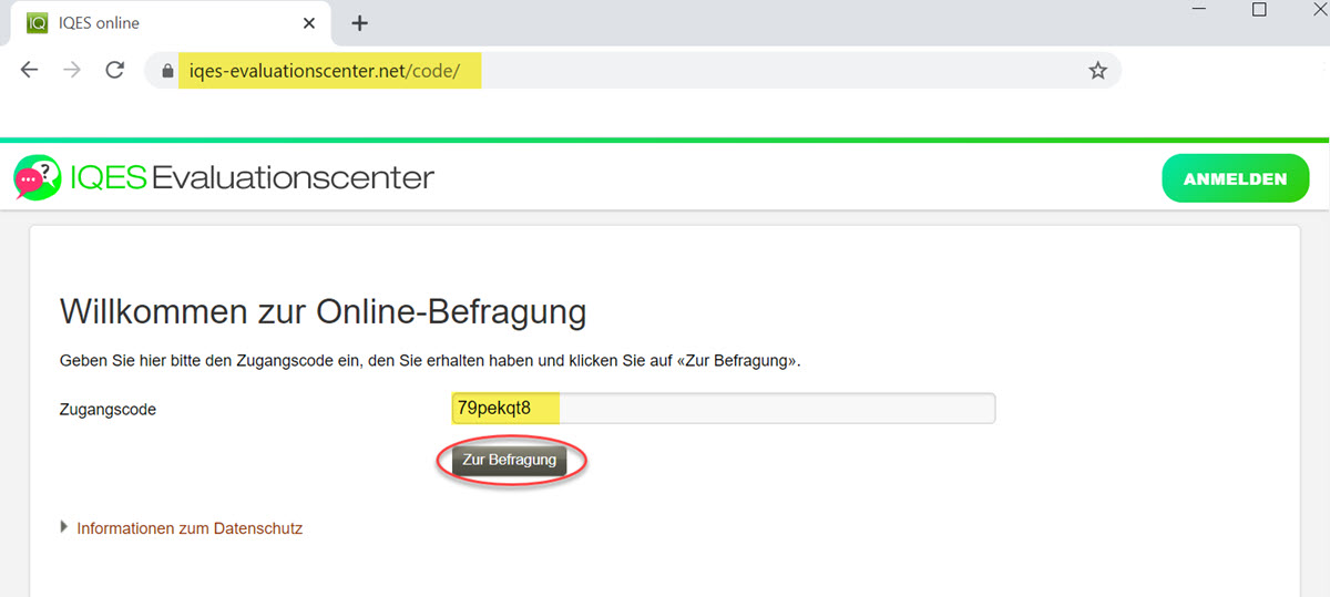 Screenshot Zugangscode eingeben