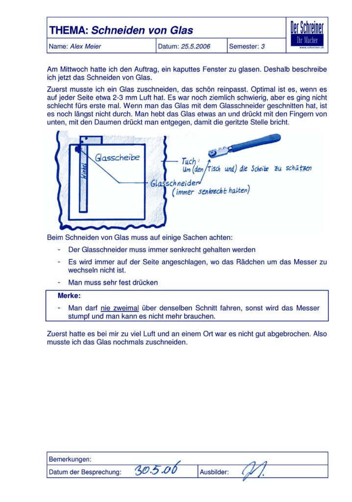 Beispiel einer Lerndokumentation: Schneiden mit Glas