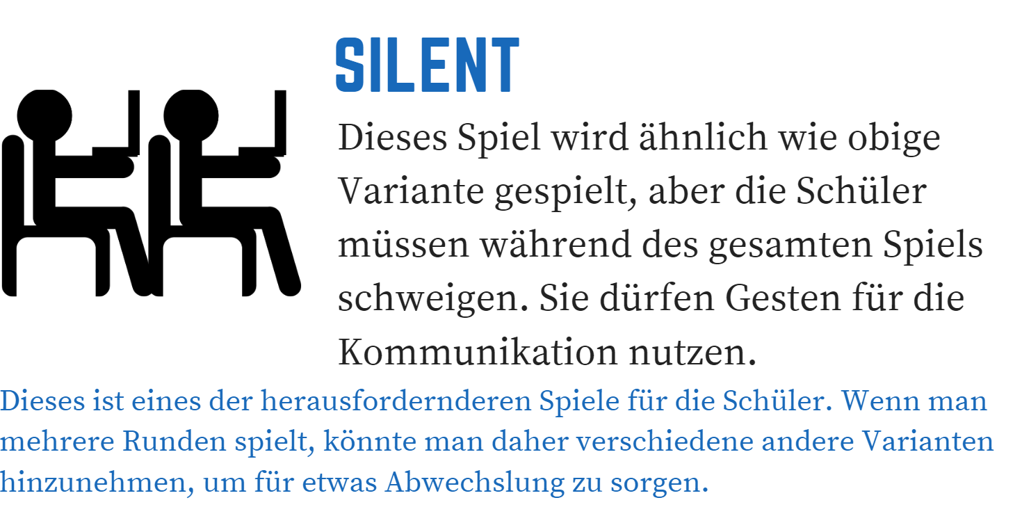 Anleitung Quizlet live: Silent: Dieses Spiel wird ähnlich wie obige Variante gespielt, aber die Schüler müssen während des gesamten Spiels schweigen. Sie dürfen Gesten für die Kommunikation nutzen. Dieses ist eines der herausfordernderen Spiele für die Schüler. Wenn man mehrere Runden spielt, könnte man daher verschiedene andere Varianten hinzunehmen, um für etwas Abwechslung zu sorgen.