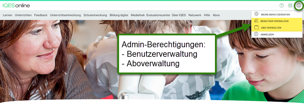 Screenshot mit ausgeklapptem Kontoverwaltungsmenu, in welchem die Menupunkte "Benutzer verwalten" und "Abo verwalten" zu sehen sind.