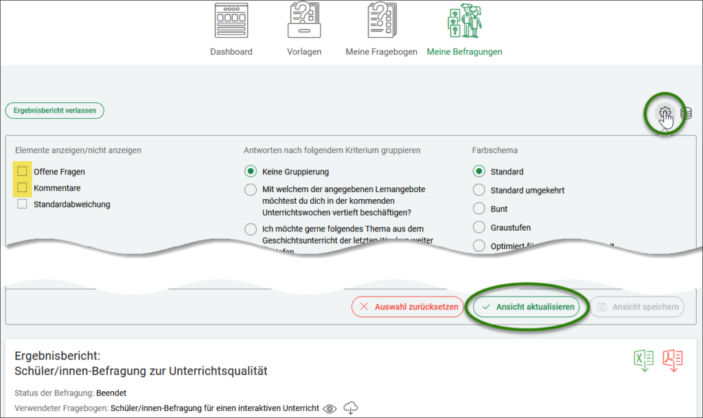 Screenshot: Ergebnisbericht, Optionen